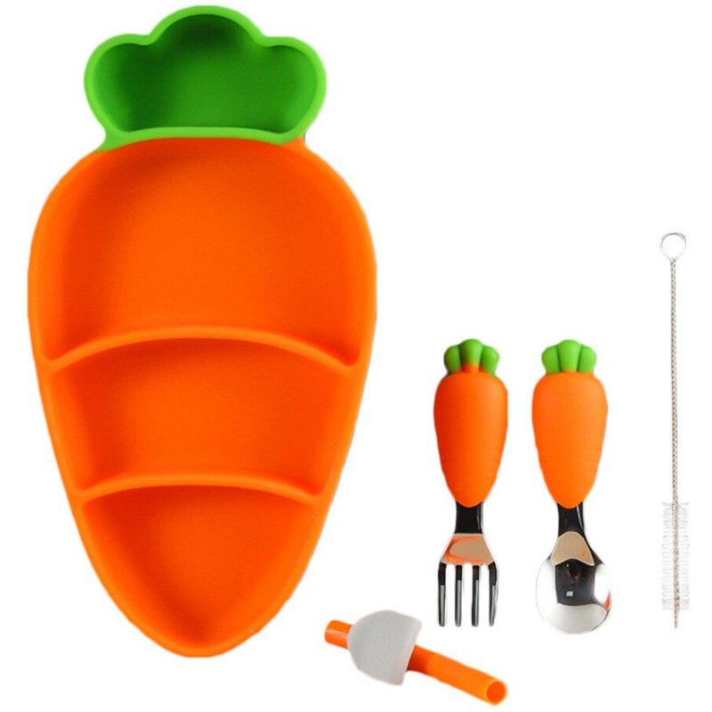 Assiette À Dîner En Silicone Pour Enfants, Carotte Assiette À Dîner Fourchette Cuillère Couverts Ensemble De Supplément Alimentaire Pour Bébé, Assiette Grille
