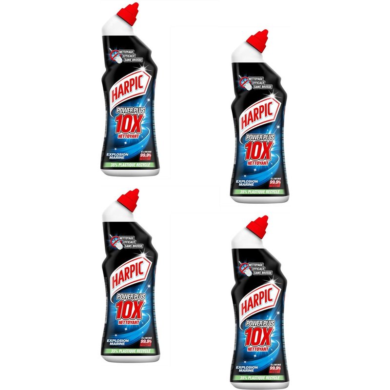 HARPIC Lot de 4 Flacons de 750 ml Gel Power Plus Nettoyage Efficace Sans Brosse avec 35% de plastique recyclé Explosion Marine