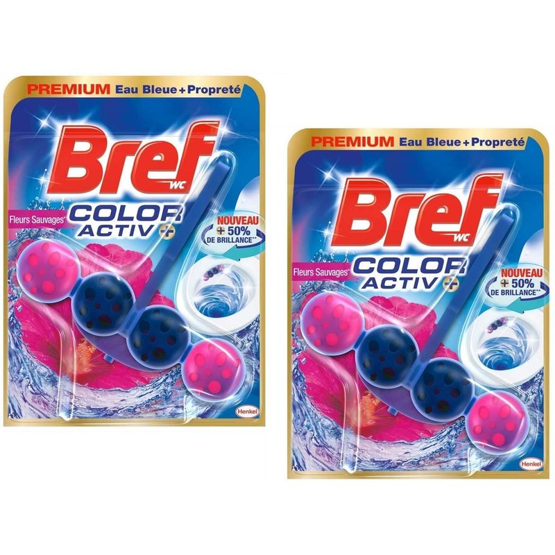 Bref Lot de 2 Blocs WC 50g Color Activ+ Fleurs sauvages - Nettoyant Détartrant toilettes