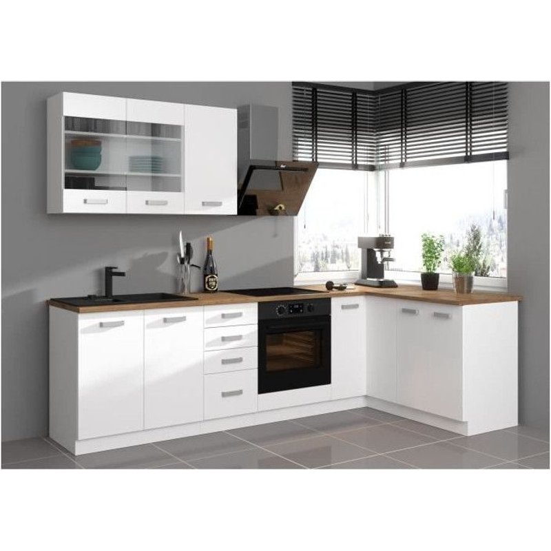 Atlas Cuisine Complete D'angle 8 Éléments (Reversible Droit / Gauche) - Décor Blanc - L270 Cm - Plan De Travail Non Inclus