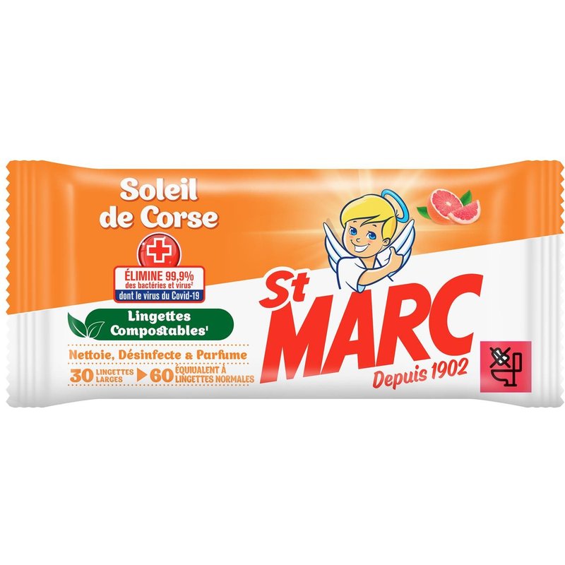 ST MARC Sachet de 30 Lingettes Larges (=60 Normales) - Compostables Soleil de Corse