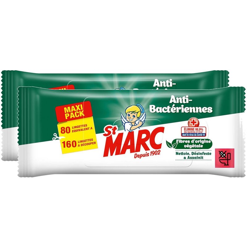 ST MARC Lot de 2 Lingettes Nettoyantes et Désinfectantes Antibactériennes - 80 lingettes