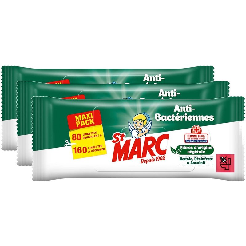 ST MARC Lot de 3 Lingettes Nettoyantes et Désinfectantes Antibactériennes - 80 lingettes