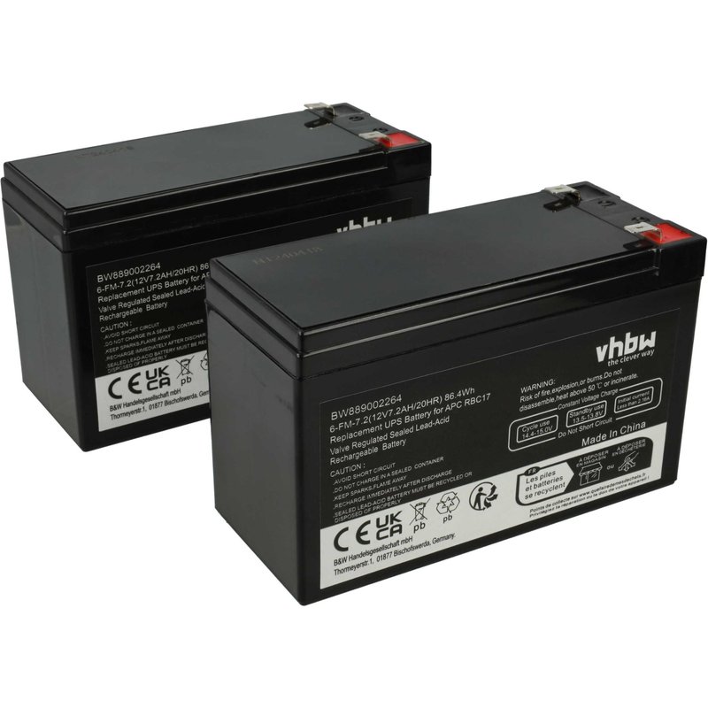 vhbw 2x Batterie pour ASI & autres types d'appareils (7200mAh, 12V, AGM)