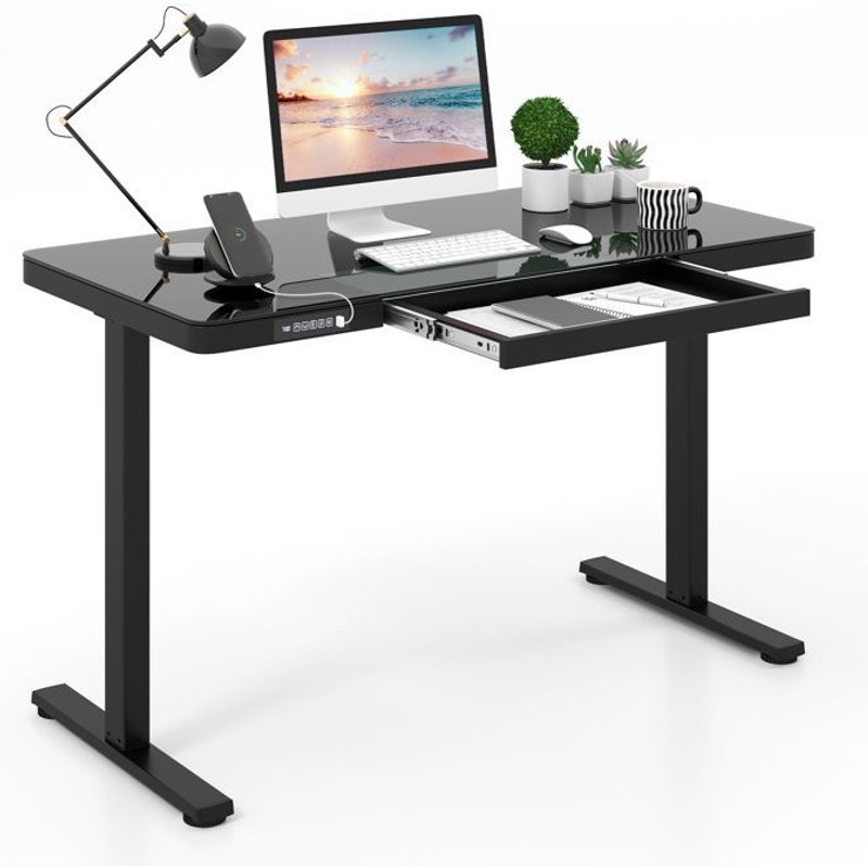 Bureau Électrique Assis-Debout 120x60x73-118cm Costway Tiroir, Hauteur Réglable, Plateau En Verre Trempé, Prises Usb Type-C, Noir