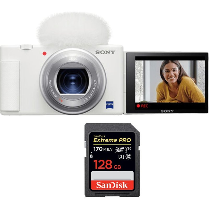 Sony ZV-1 Caméra Blanc+SanDisk 128 Go Extreme Pro SDXC UHS-I U3 V30 170 Mo