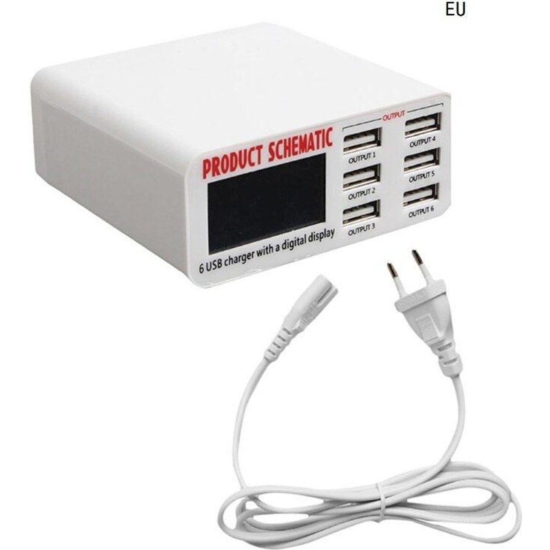 Adaptateur mural de charge rapide, 6a, 6 ports USB, avec écran LCD, prise ue