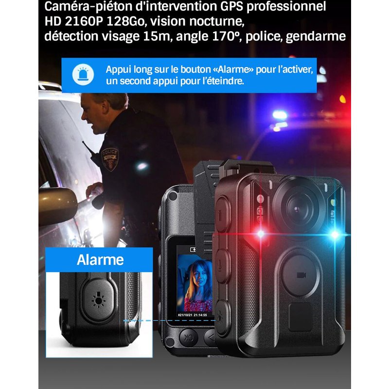 Caméra-piéton d'intervention GPS professionnel HD 2160P 128 Go, vision nocturne, détection visage 15m, angle 170°