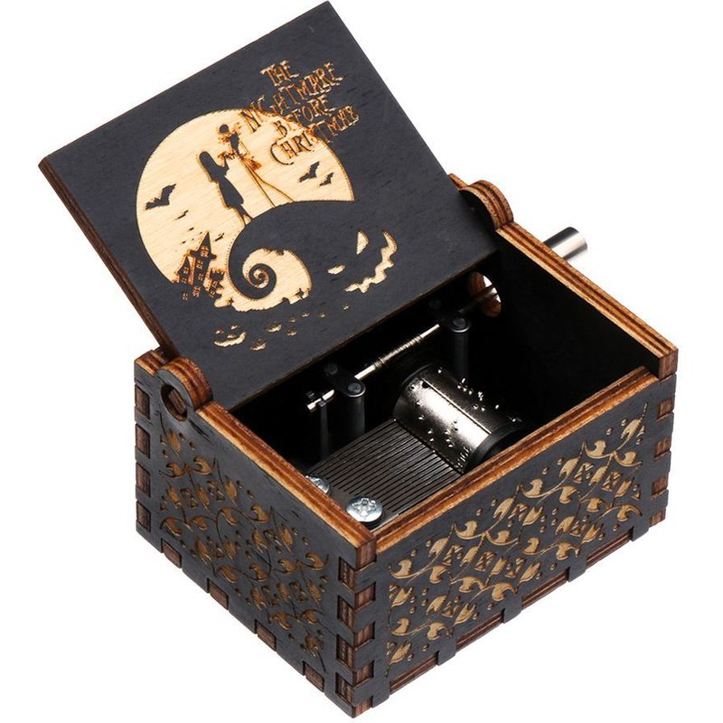 Boîte À Musique En Bois Antique, Boîte À Musique, Veilleuse Gravée Halloween Eve Avant Noël, Manivelle