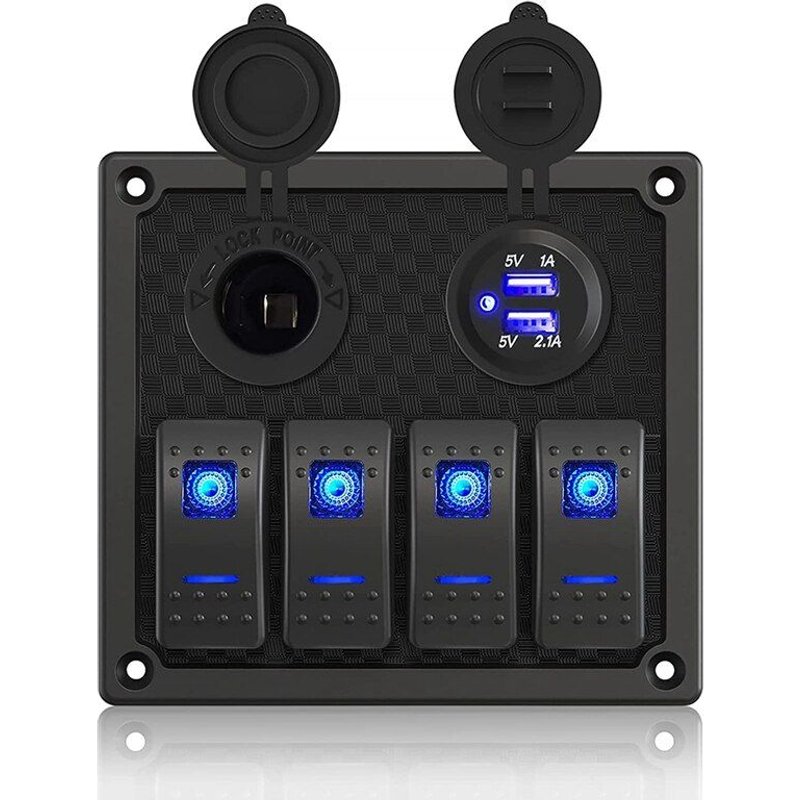 Panneau de commutateur de bateau étanche, 12/24V 4 groupes avec doubles fentes USB prise 10/20A LED, panneaux de commutation de bateau, bleu