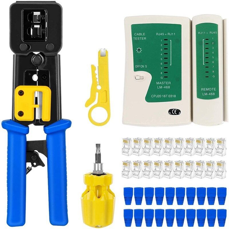 Kit d'outils de sertissage RJ45 passage à travers Cat5 Cat5E Cat6 RJ45 avec 20 pièces connecteurs et couvercles