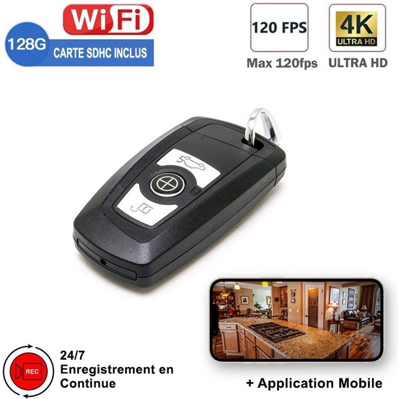 Mini Caméra Cachée Espion Clé de Voiture WIFI Ultra HD 4K 2160p MP4 2h30 Autonomie Angle 90° + Micro SD 128Go + Appli iOS Android