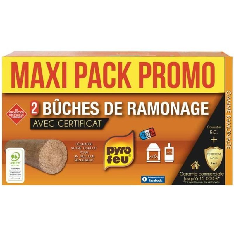 Lot de 2 bûches de ramonage Pyrofeu pour insert avec Certificat