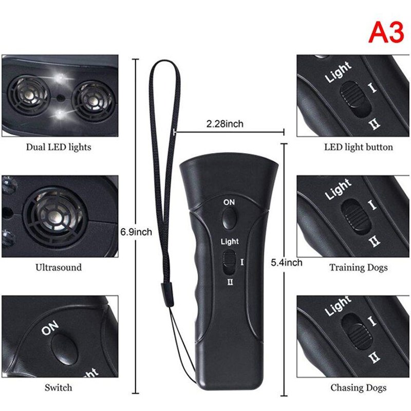 Double Tête Noire - 3types Anti Barking Device Ultrasonic Dog Bark Deterrent Handheld Dog Training Device With Led Indicator Wrist Strap For Indoor