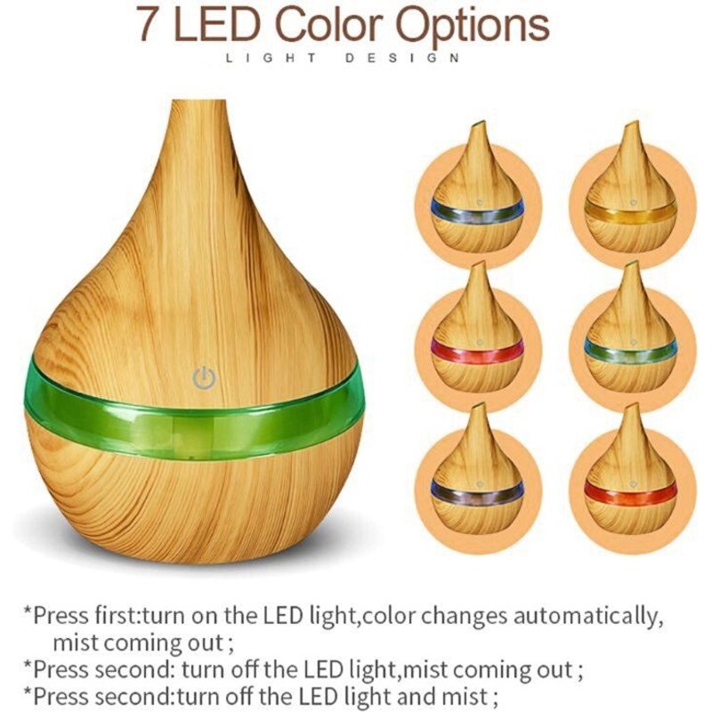 Humidificateur d'air USB de Grain de bois de 300ml, diffuseur d'huile essentielle d'aromathérapie, brumisateur électrique avec veilleuse LED de 7 couleurs
