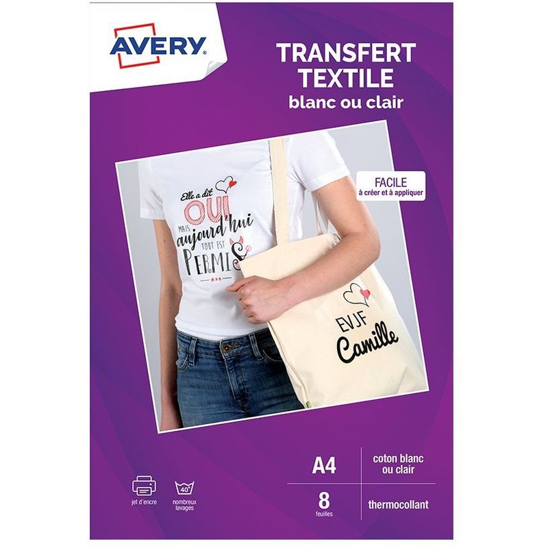 Papier créatif Avery 8 Transferts T-shirt blancs/clairs A4