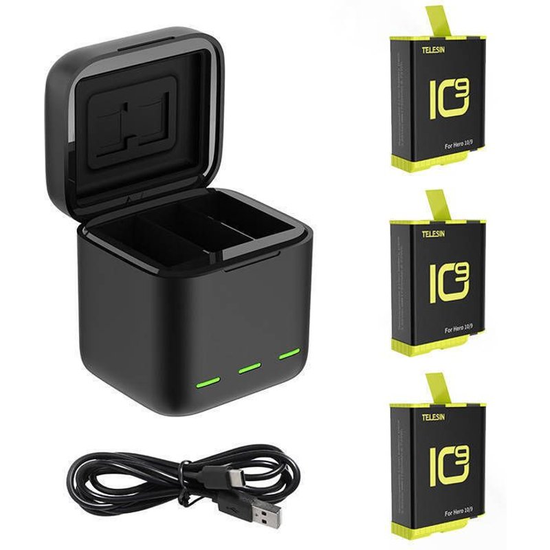 Telesin 3-slot Charger Box For Gopro Hero 9 / Hero 10 + 3 Batteries (