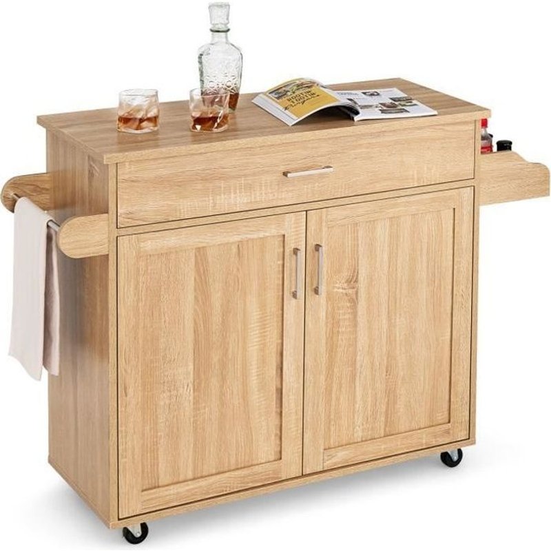 Chariot De Cuisine - Costway - Desserte À Roulettes Avec Grand Placard Et Porte-Serviettes - Naturel