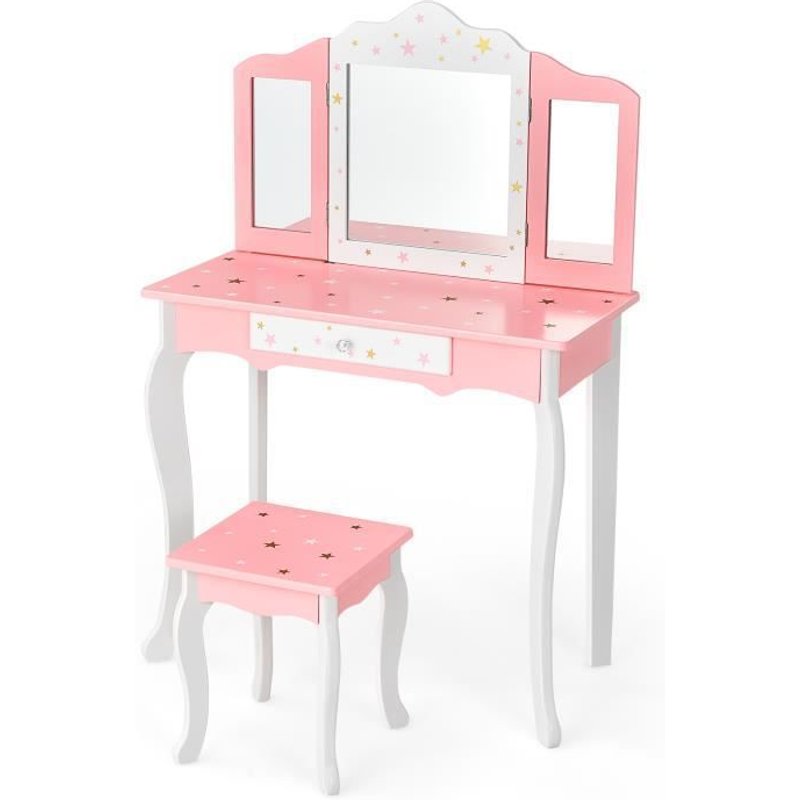 Costway Ensemble Coiffeuse Et Tabouret Pour Enfants, Miroir À 3 Volets Amovible, Table De Maquillage Avec Tiroir Rose