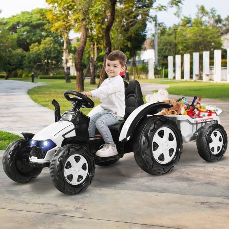 Costway Tracteur Electrique 12v 7ah -Télécommande 2.4g, 3-8 Km/H,Remorque Détachable Mp3, Port Usb Pour Enfants De 3 À 8 Ans Blanc