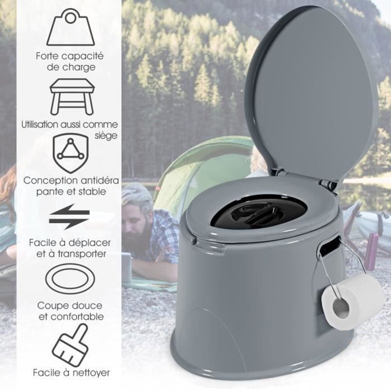 COSTWAY Toilette Portable Camping-Seau 5L-WC Chimique-Porte-papier de Toilette Détachable-Poignées Cachées-en PP-Charge 200KG-Gris