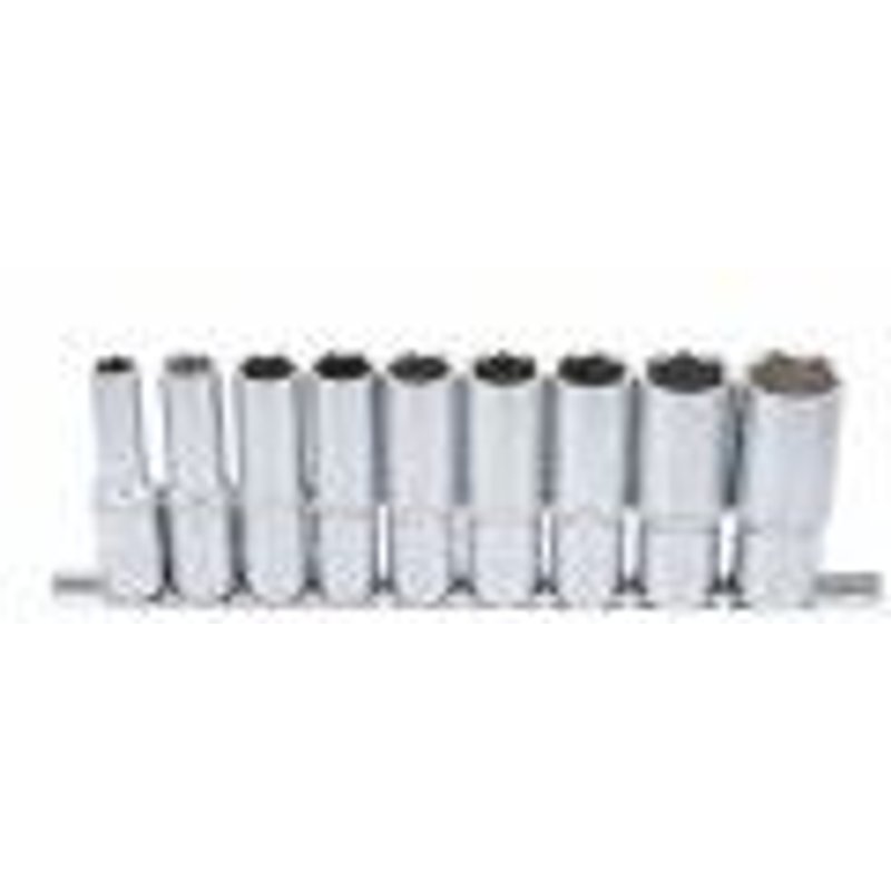 Jeu 9 douilles longues 6 pans 10 - 24 mm carré 12.5 mm 1/2" sur rail métal BGS TECHNIC