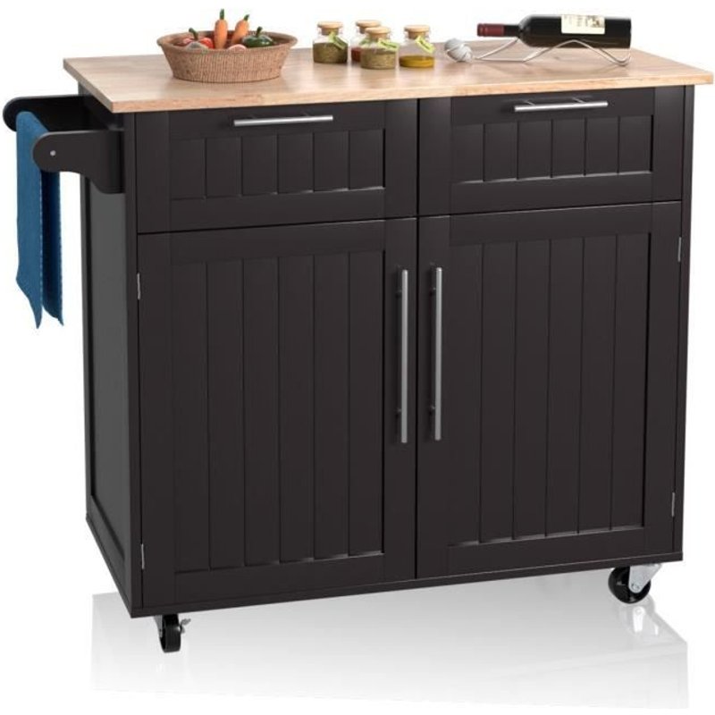 Costway Desserte/Chariot De Cuisine À Roulettes - 94x45x94,5 Cm - 2 Tiroirs - 2 Portes - Porte-Serviettes - Ilot De Cuisine - Café