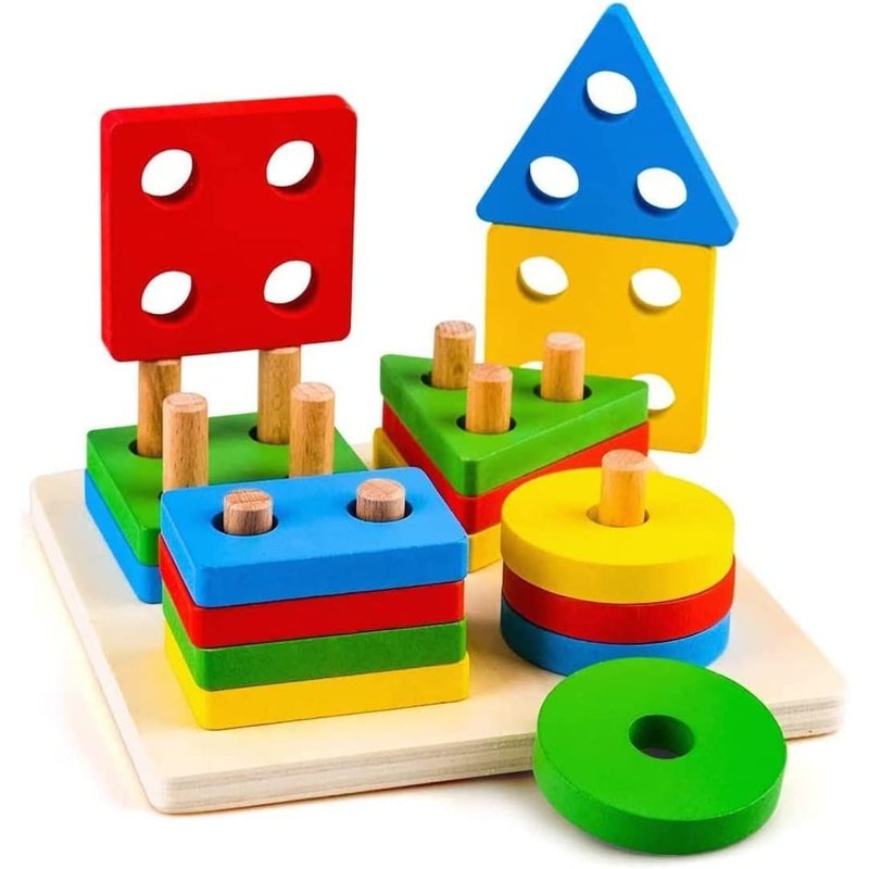 Jouets à empiler en Bois & Planche de Support Empileur de Formes géométriques Jouet en Bois Non Toxique & écologique