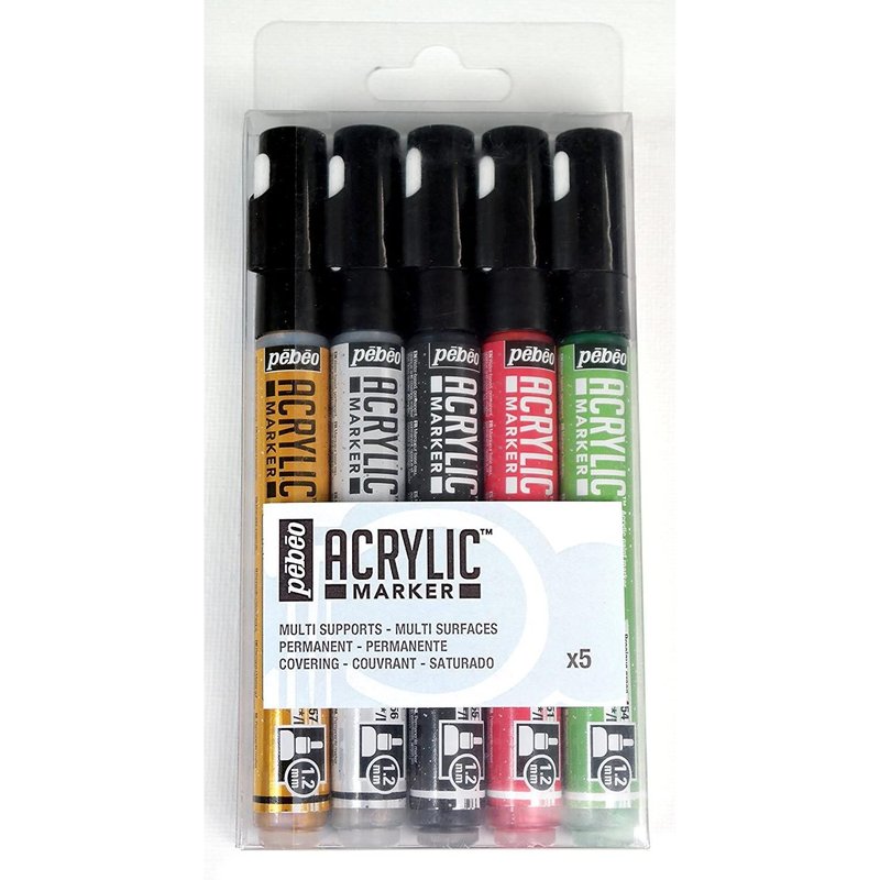 SET 5 ACRYLIC MARKERS 1.2MM OR ARGENT NOIR ROUGE ET VERT PRECIEUX