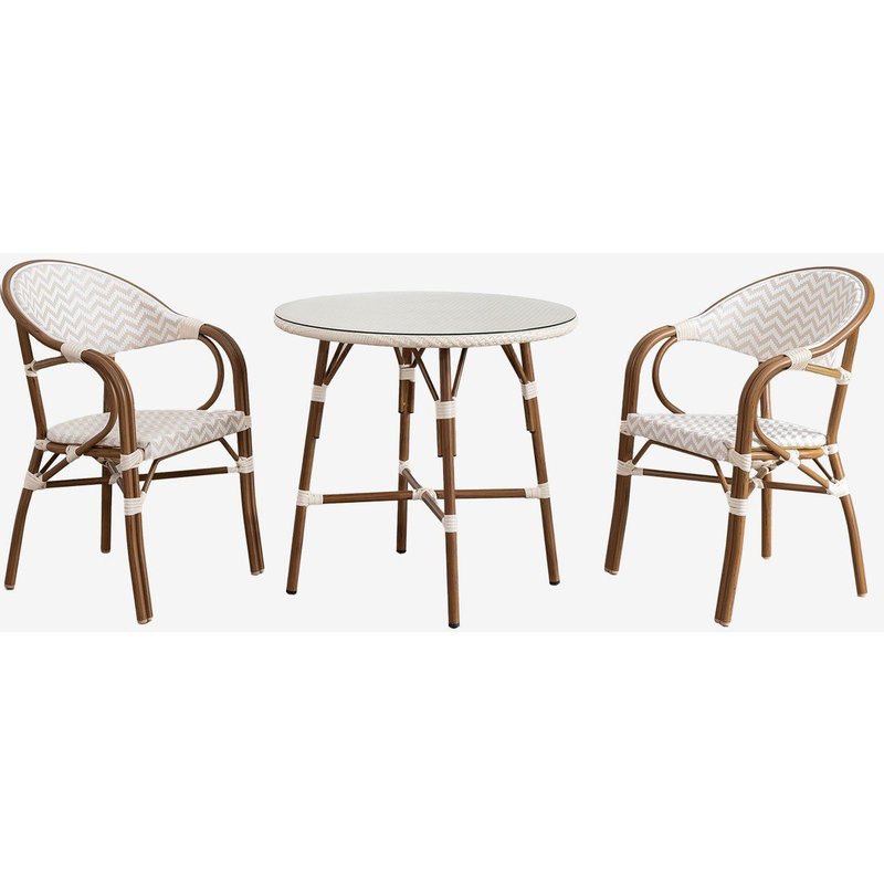 Ensemble Table Ronde (Ø80 Cm) Et 2 Chaises De Salle À Manger Empilables Avec Accoudoirs En Aluminium Brielle Bistro Blanc Gardenia - Beige Nude