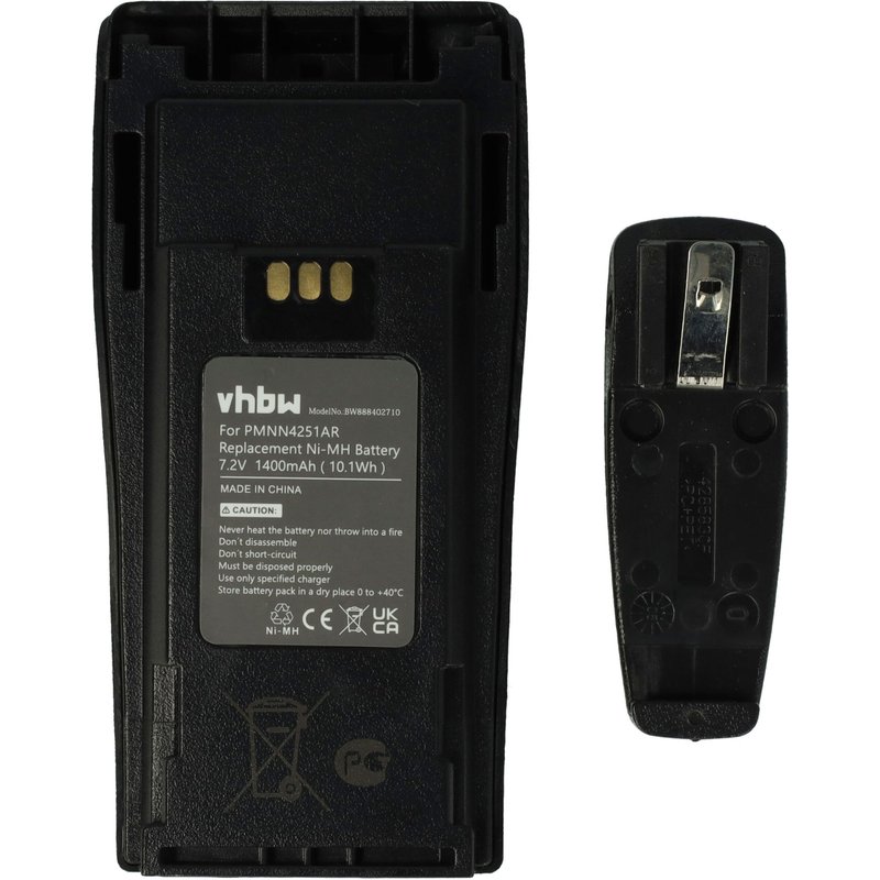 vhbw Batterie remplacement pour Motorola PMNN4251AR pour radio talkie-walkie (1400mAh, 7,2V, NiMH) - avec clip de ceinture