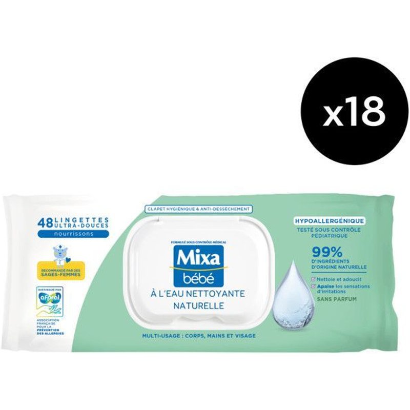 Lot De 18 - Mixa Bébé Lingettes Nettoyantes A L'eau Naturelle X48