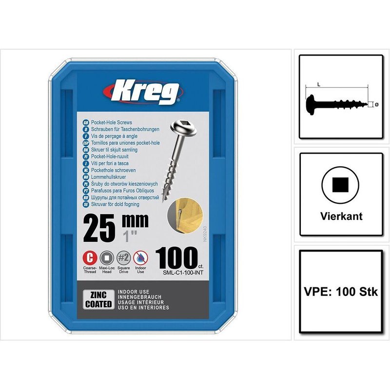 100 vis galvanisés - 8 x 25 mm - filetage épais - Maxi-Loc carré