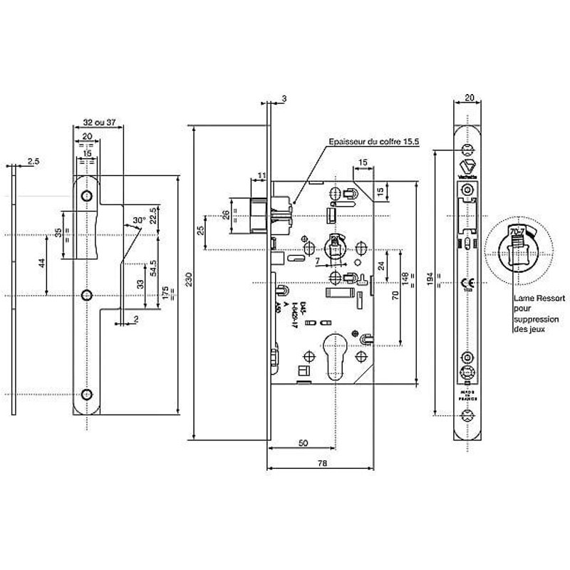 Serrure à larder type "urgence" - sortie libre - D 4522 Night Latch VACHETTE