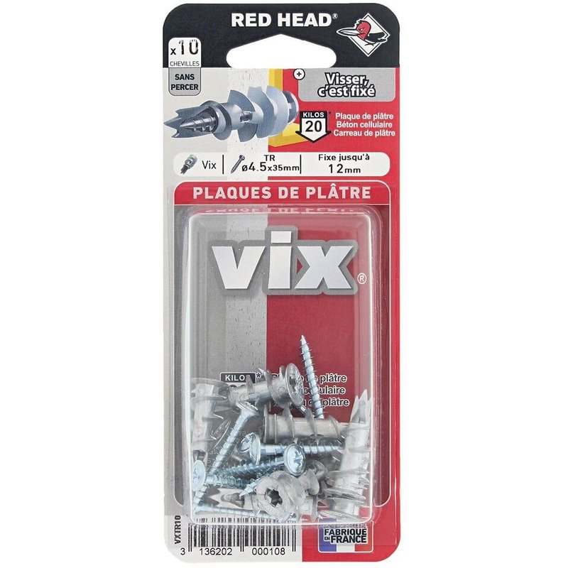 Cheville auto-taraudeuse tête ronde "Vix" Red Head - Longueur 35 mm - Diamètre 4,5 mm - Vendu par 10