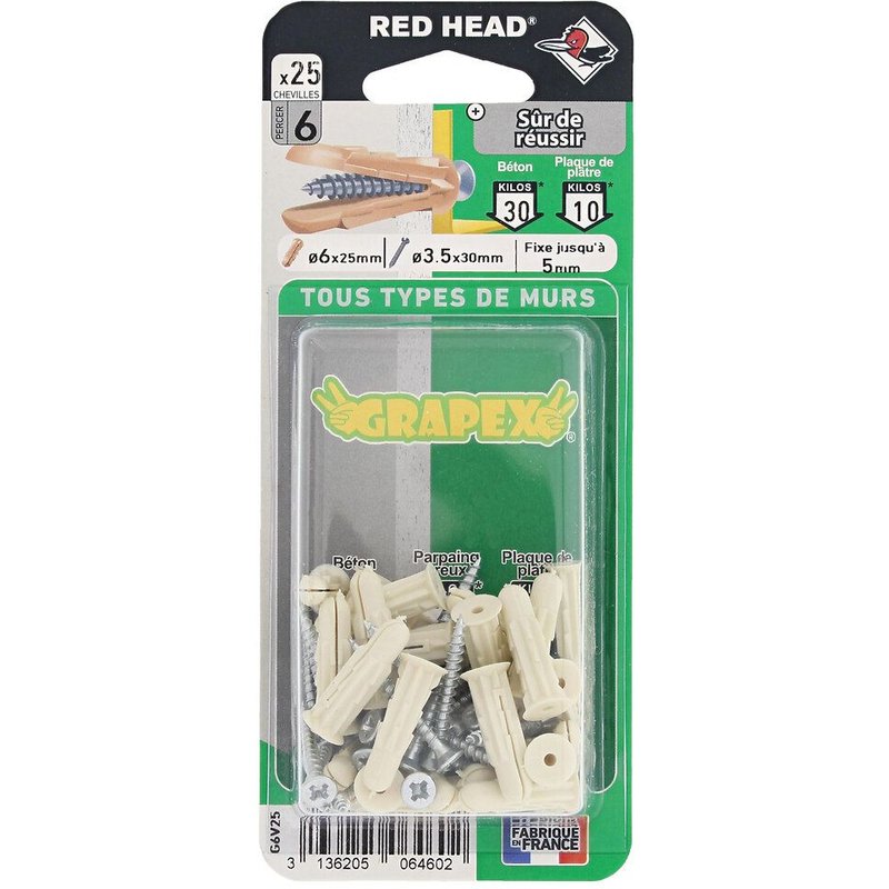 Lot de 25 cheville et vis RED HEAD, Diam.6 x L.25 mm
