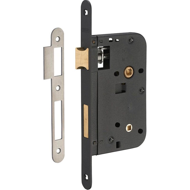 Serrures à larder XL bec-de-cane à condamnation axe 60 têtière bouts ronds coloris noir réversibles avec gâche