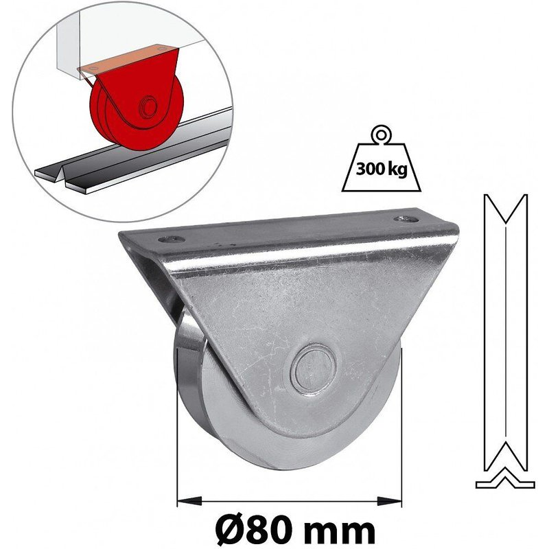 Roue à support extérieur acier zingué, H.85 x L.120 x P.35 mm