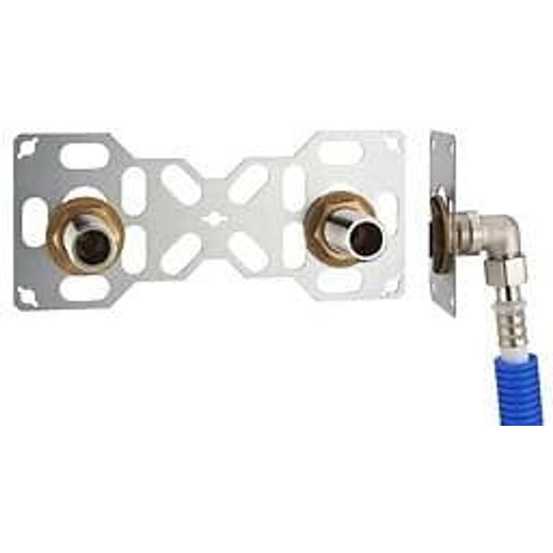 FIXSYSTEM double : kit complet de fixation d'un robinet mural entraxe 150 mm Coudes d'alimentation à sertir profil U sur tube multicouche NOYON & THIEBAULT - Ø 16 mm, sortie mâle 3/4' (20x27) -