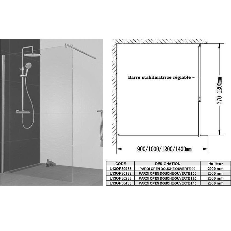 Paroi de douche à l'italienne Open 2 - verre transparent - 100 cm LEDA