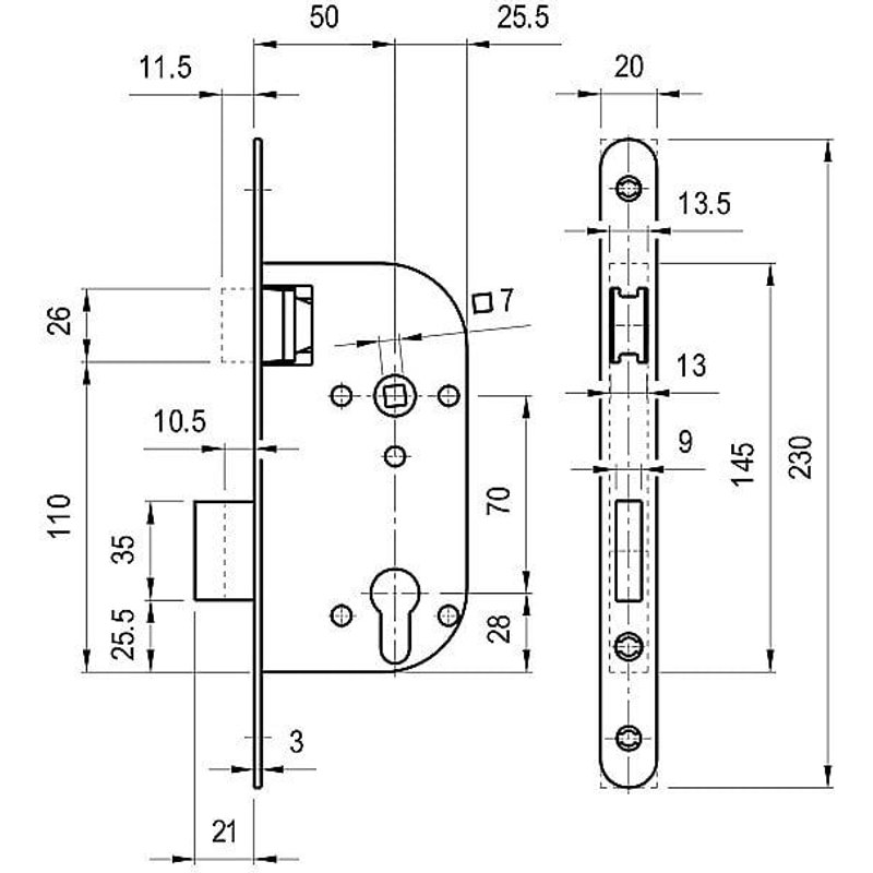 Serrure à larder à pêne magnétique - pêne 1/2 tour seul - axe 50 mm DOM