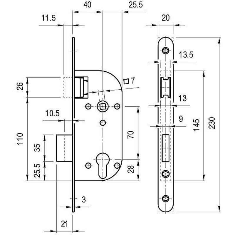 Serrure à larder à pêne magnétique - à cylindre - axe 40 mm DOM