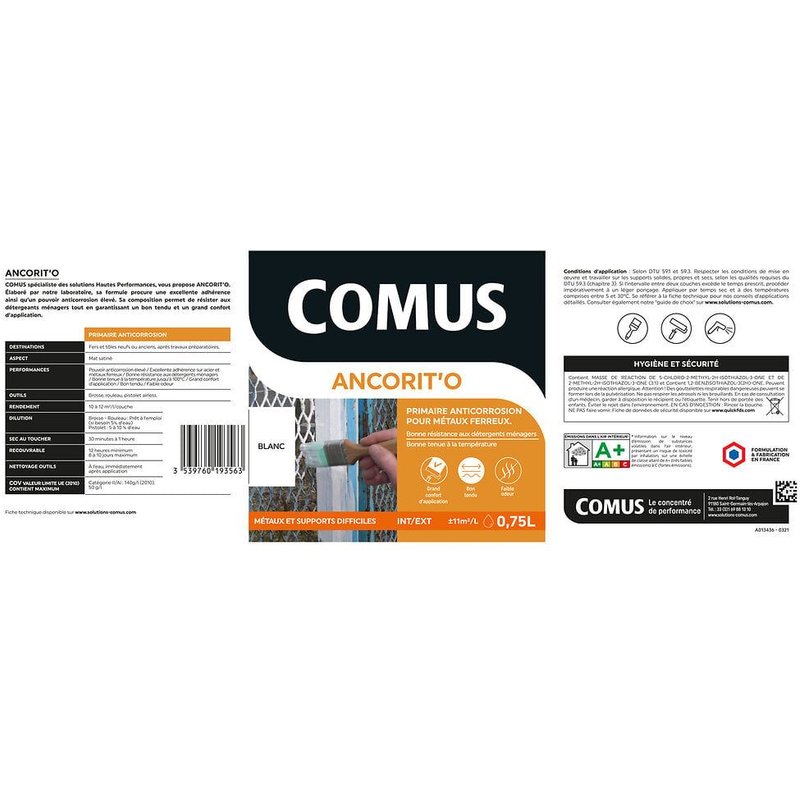 ANCORIT'O 0,75L BLANC - Primaire anticorrosion en phase aqueuse pour supports ferreux - COMUS