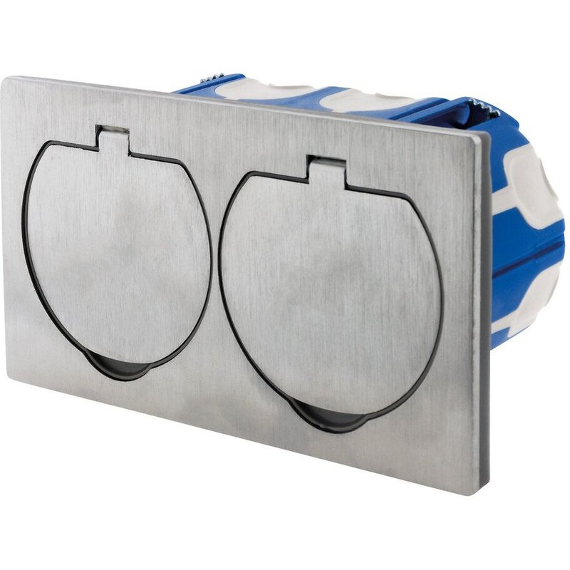 Double prise de sol 16A 2P+T finition alu brossé - IP55 avec boîte d'installation