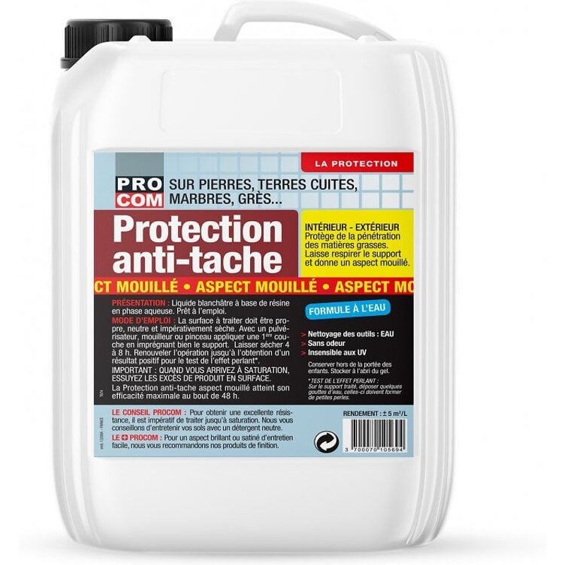 Protection anti-tache oléofuge, hydrofuge EFFET MOUILLÉ pour sols, terrasses, intérieur et extérieur PROCOM 20 litres