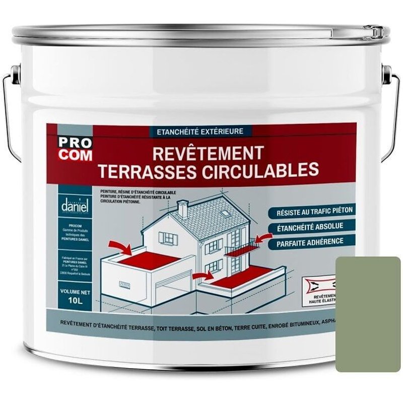 Peinture, résine d'étanchéité imperméabilisation terrasse circulable, balcon, sols extérieurs, béton, plusieurs coloris PROCOM 10 litres Vert clair (RAL 6021)