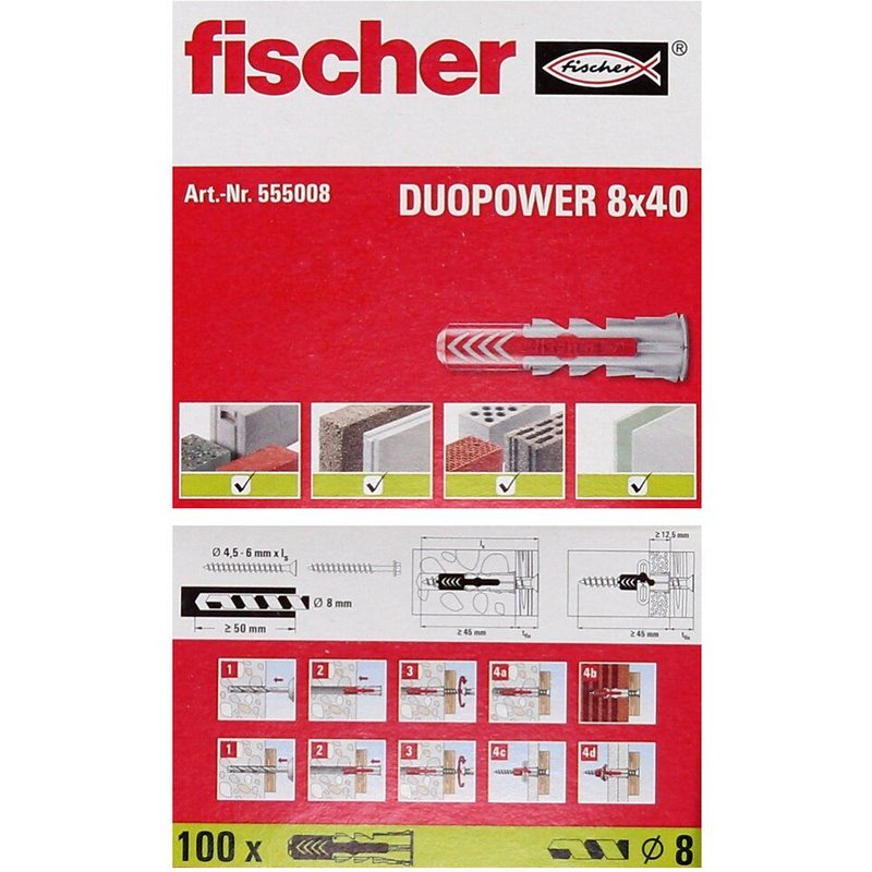Fischer-Cheville Duopower pour matériaux pleins et creux - ø 8 x 40 mm - boîte de 100 pièces
