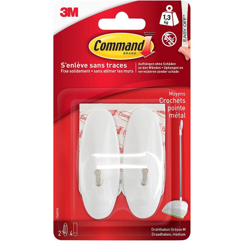 Lot de 2 crochets adhésif Bout métal, COMMAND, blanc 1.3 kg