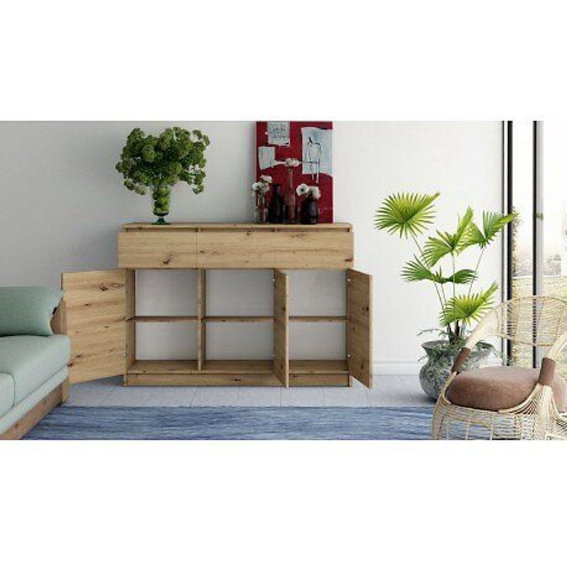 Parme - Commode Contemporaine De Salon - 120x40x97 - 3 Portes & 3 Triroirs - Buffet - Meuble De Rangement - Aspect Bois - Ch?Ne Artisan