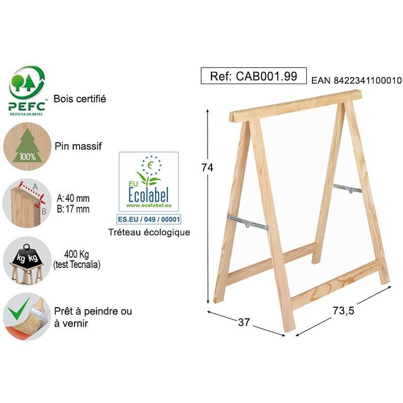 Tréteau en pin brut ASTIGARRAGA l.17 x H.40cm